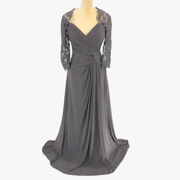 LA FEMME 30384 Ruched Twist Column Gown Size 12 Gunmetal Lace Net Jersey NWOT - Picture 3 of 12